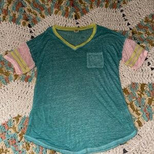 True Craft Teal and Pink V-Neck Tee